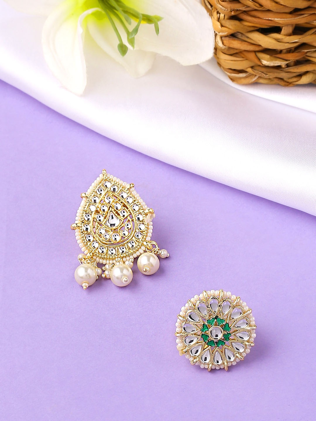 

Yellow Chimes Set Of 2 White Kundan and Moti Studded Finger Ring, Gold
