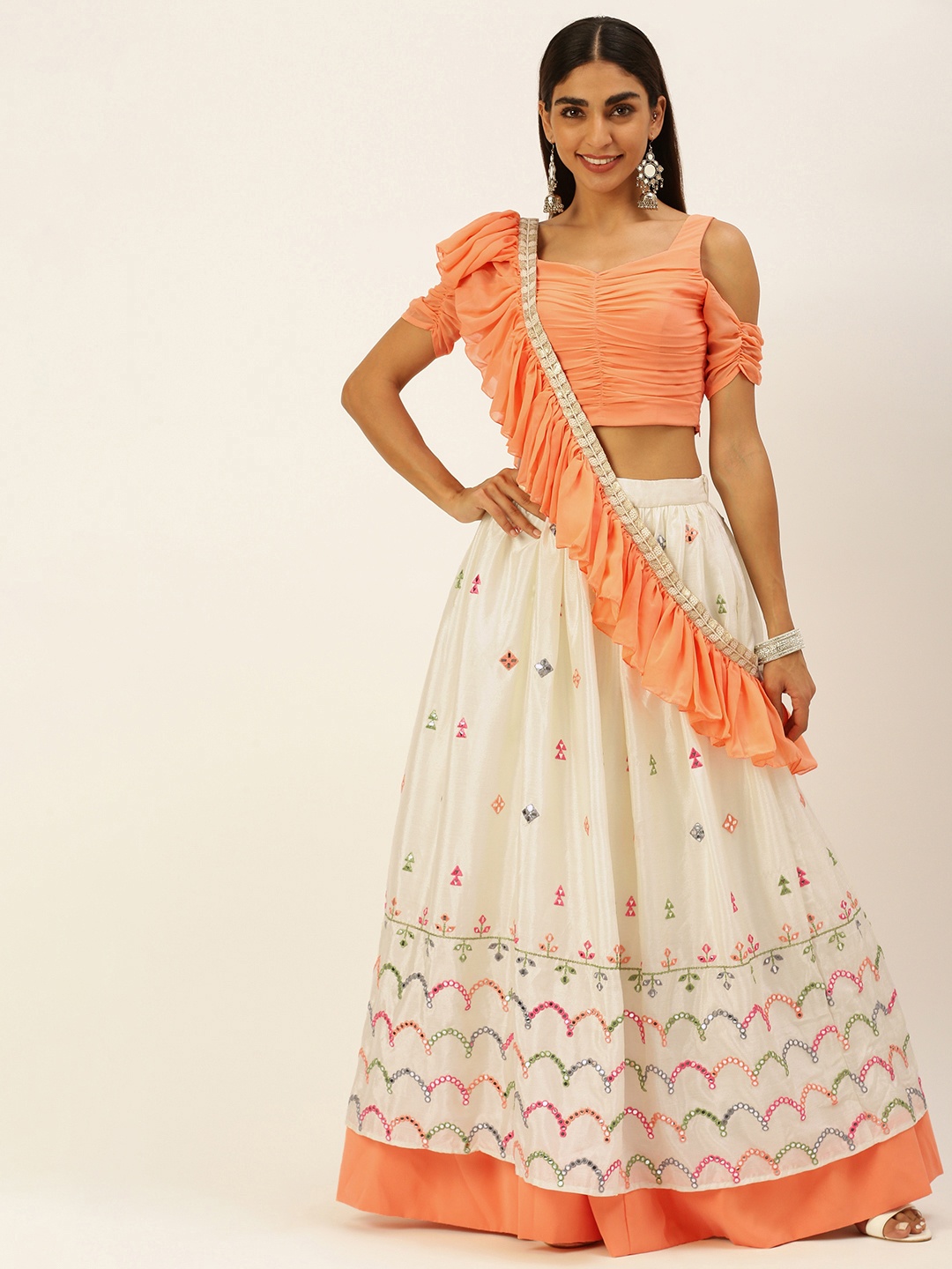 

Ethnovog Peach-Coloured White Mirror Work Ready to Wear Lehenga Blouse With Dupatta