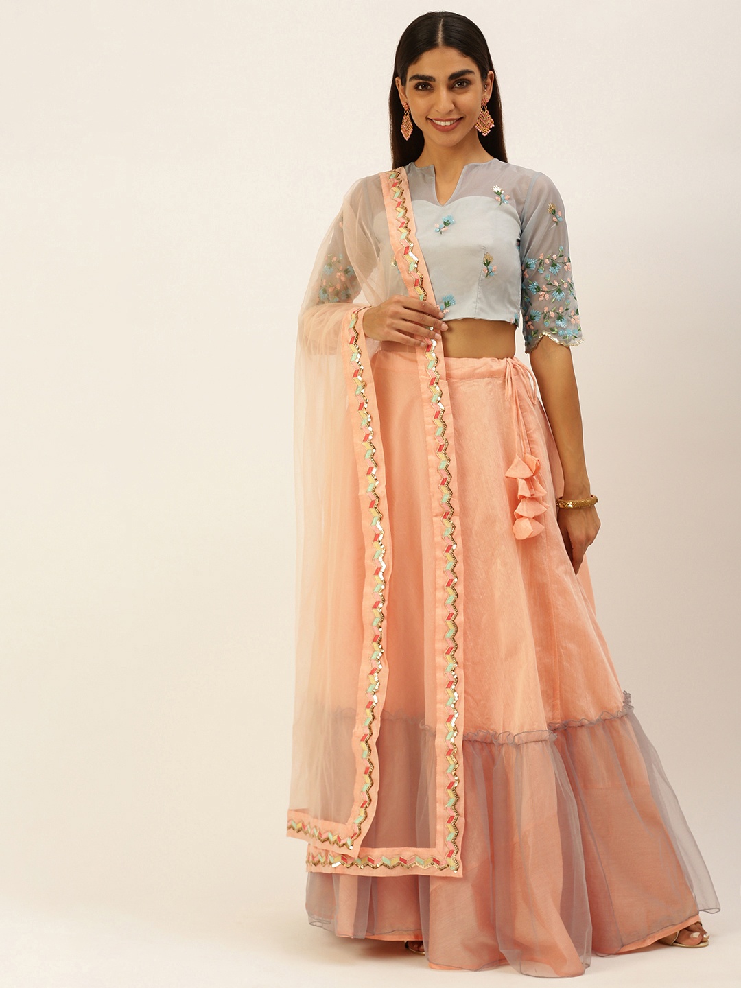 

Ethnovog Grey Peach-Coloured Sequinned Ready to Wear Lehenga Blouse With Dupatta