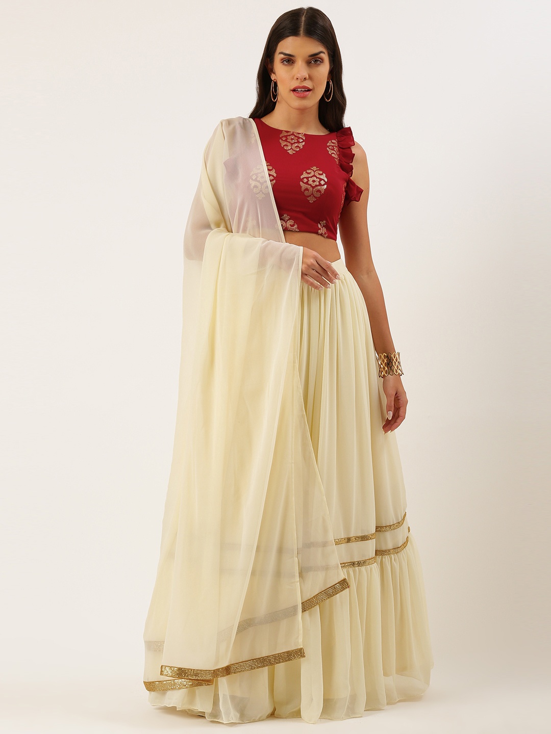 

Ethnovog Maroon Off White Embellished Sequinned Made to Measure Lehenga Blouse With Dupatta Potli Bag