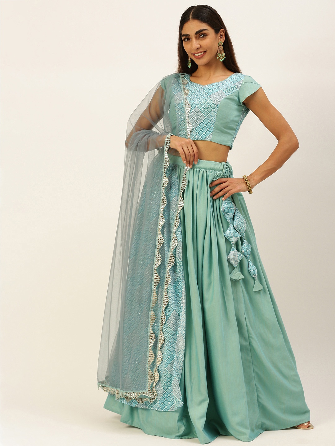 

Ethnovog Turquoise Blue Sequinned Ready to Wear Lehenga Blouse With Dupatta