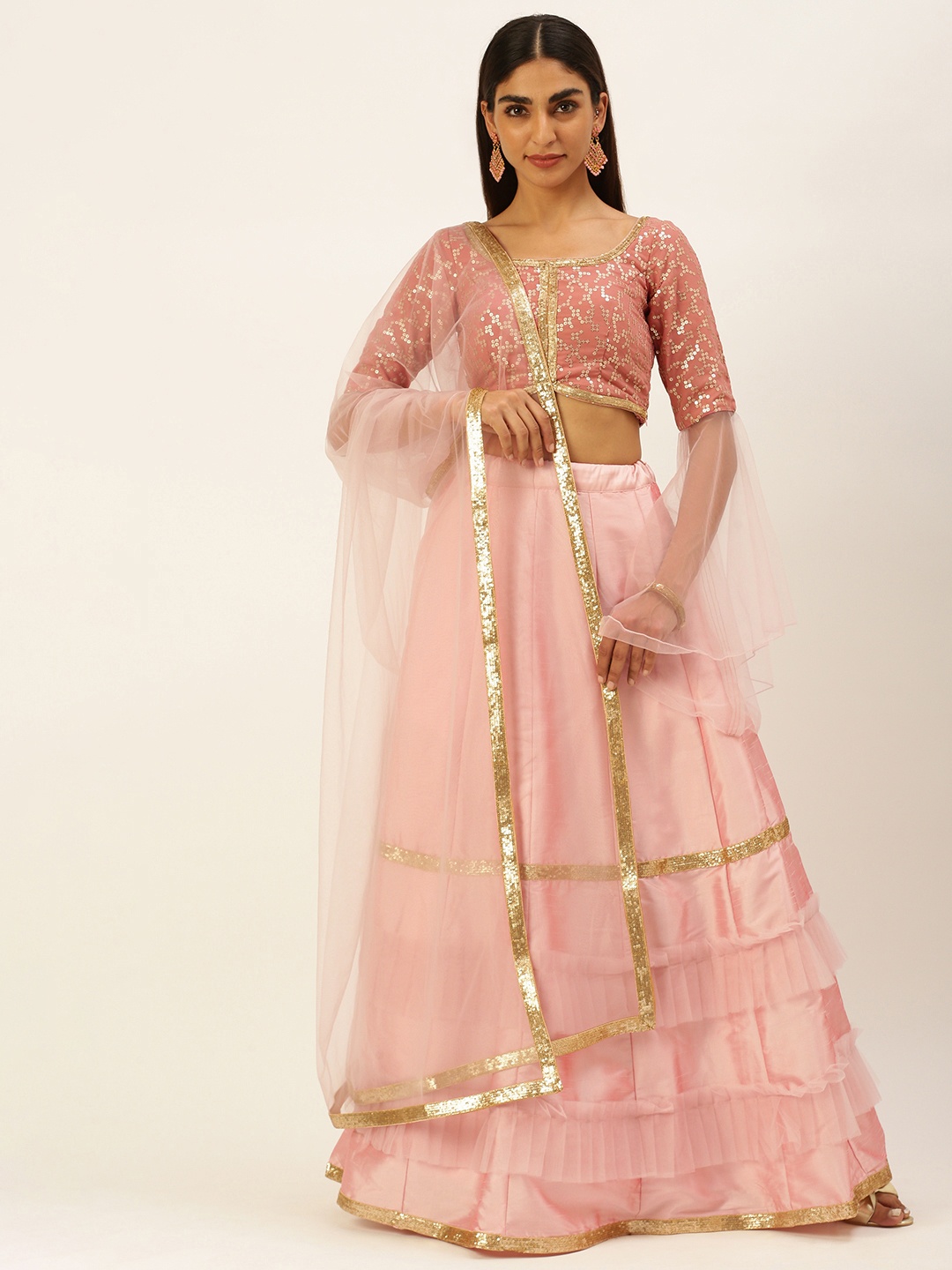 

Ethnovog Pink Sequinned Ready to Wear Lehenga Blouse With Dupatta