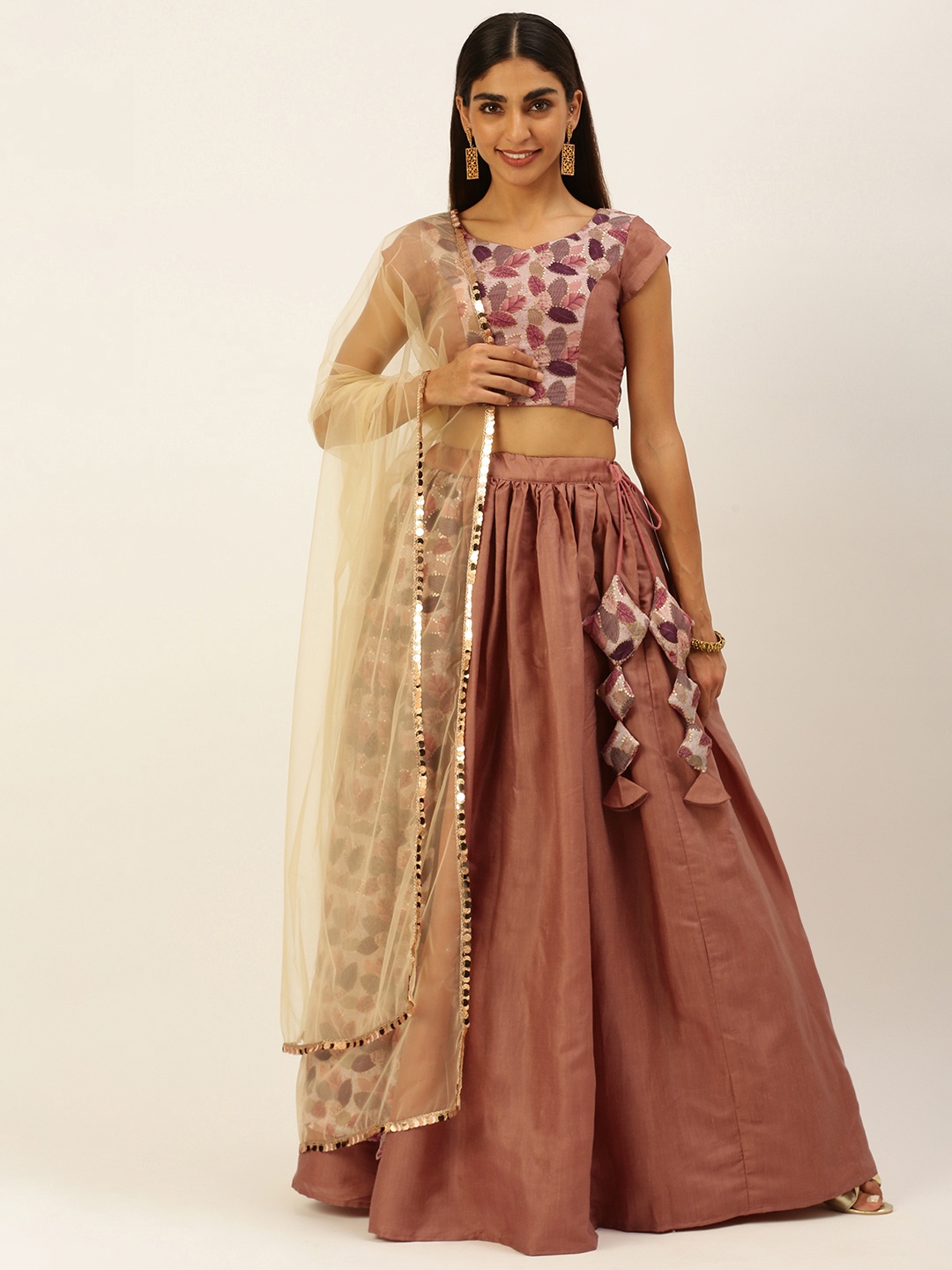 

Ethnovog Brown Sequinned Ready to Wear Lehenga Blouse With Dupatta