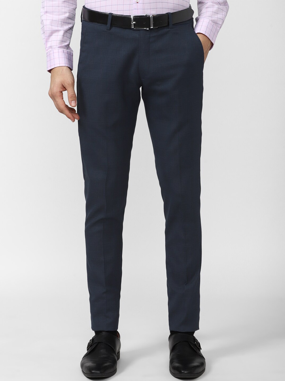 

Peter England Men Navy Blue Checked Slim Fit Trousers