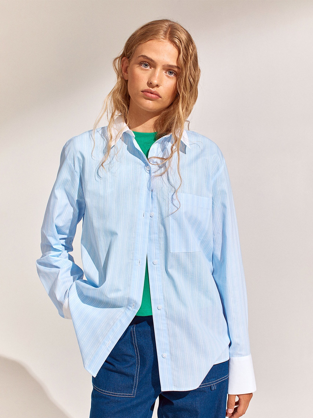 

H&M Women Blue Cotton Oversized Poplin Shirt