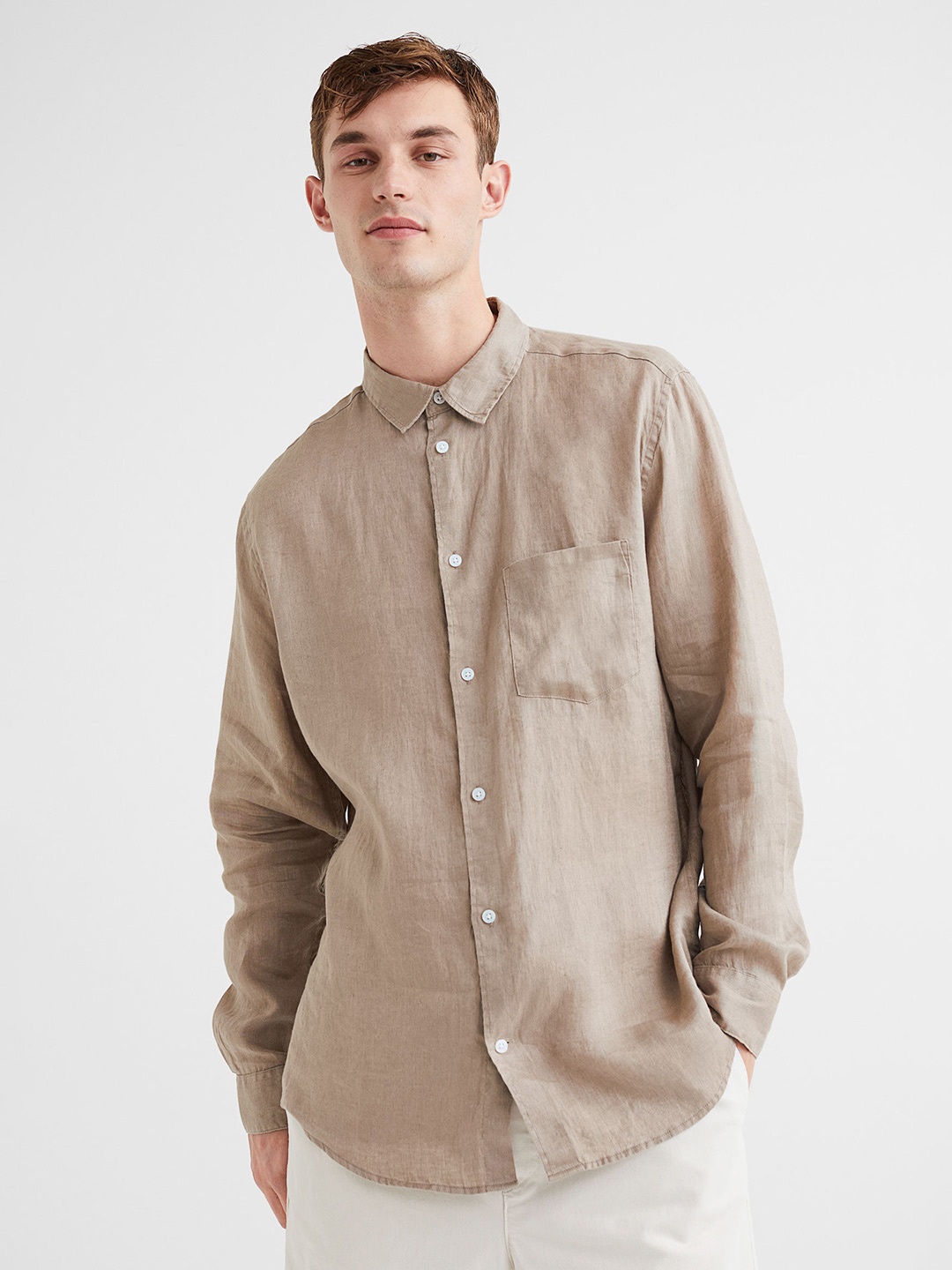 

H&M Men Beige Regular Fit Linen Shirt