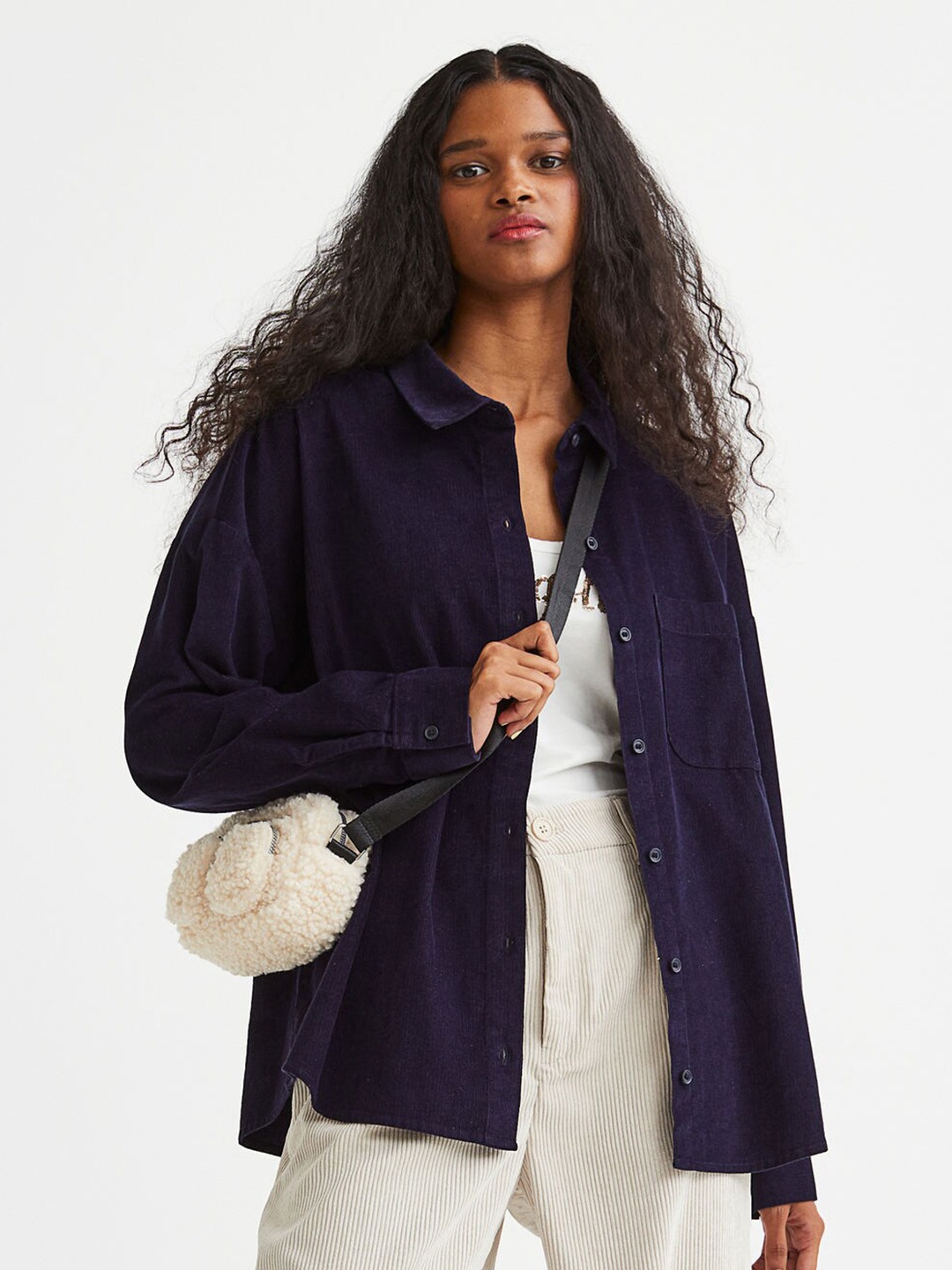 

H&M Woman Pure Cotton Oversized Corduroy shirt, Blue