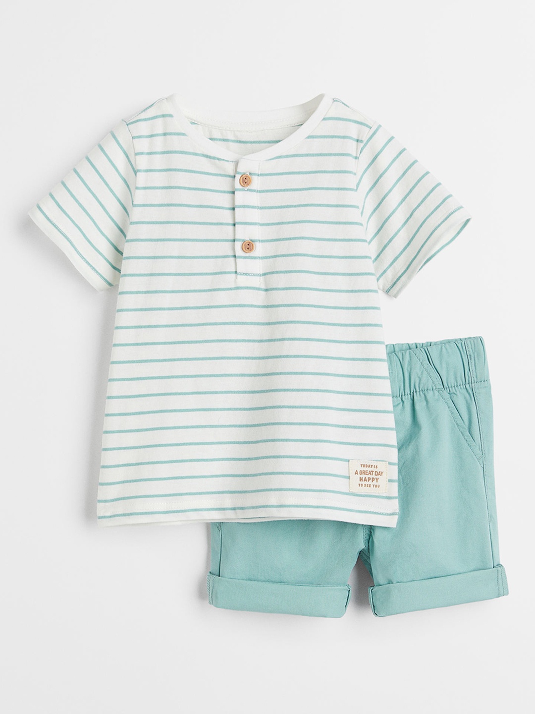

H&M Boys Turquoise Blue & White 2-piece Cotton Set, Multi