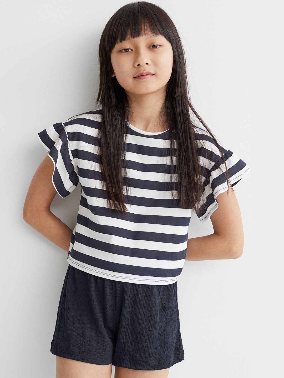 

H&M Girls Blue & White Striped T-shirt with Shorts