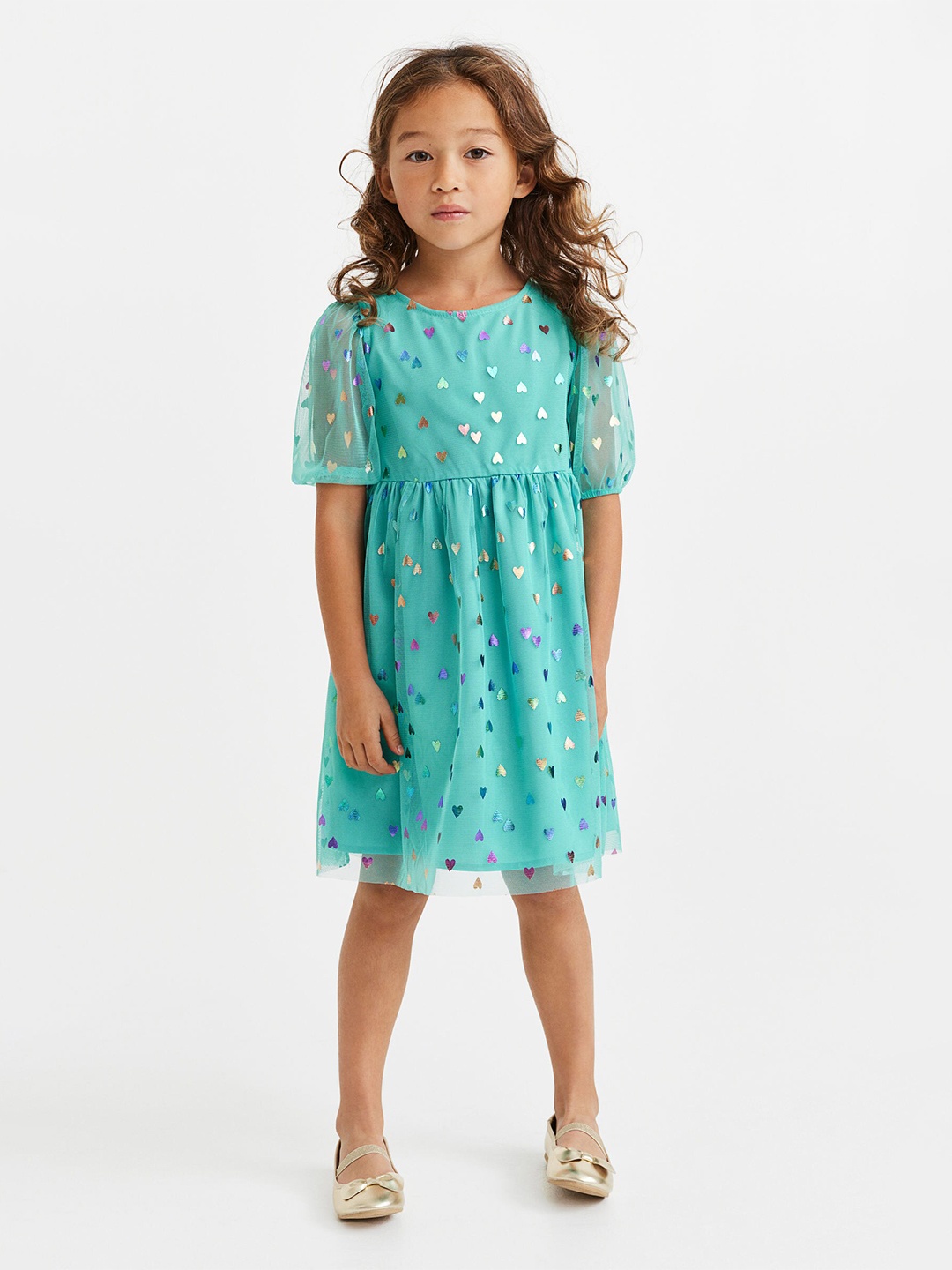 

H&M Girls Turquoise Blue & Pink Printed Puff-Sleeved Dress