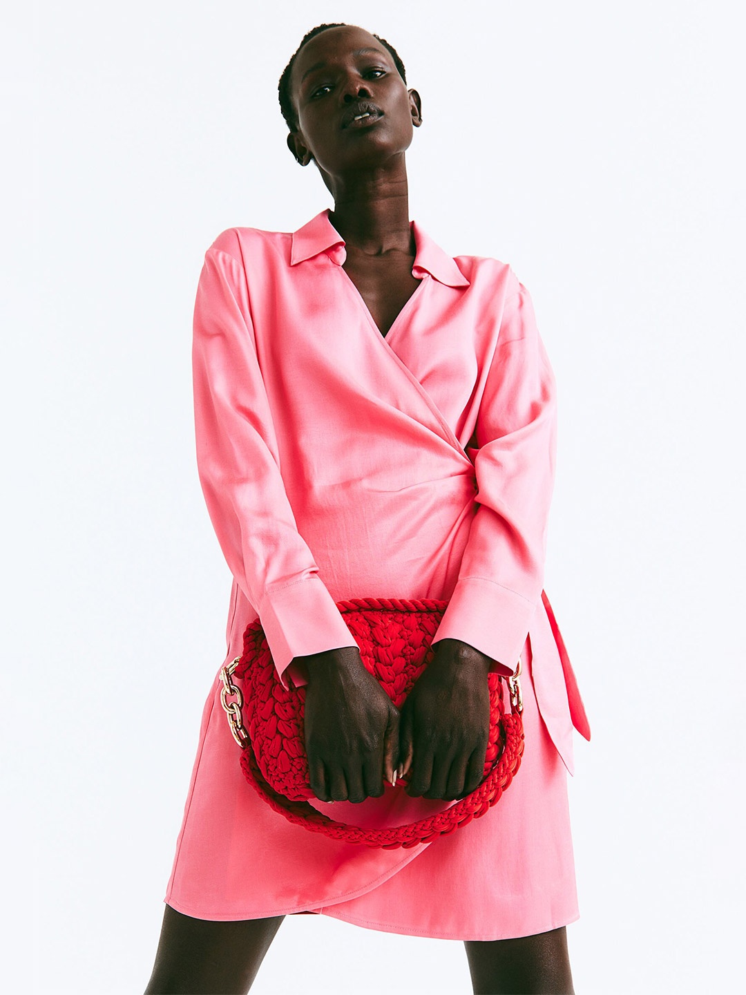 

H&M Women Pink Satin Wrapover Shirt Dress