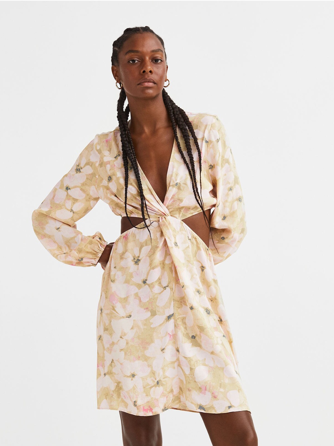 

H&M Women Beige Knot-Detail Cut-Out Dress