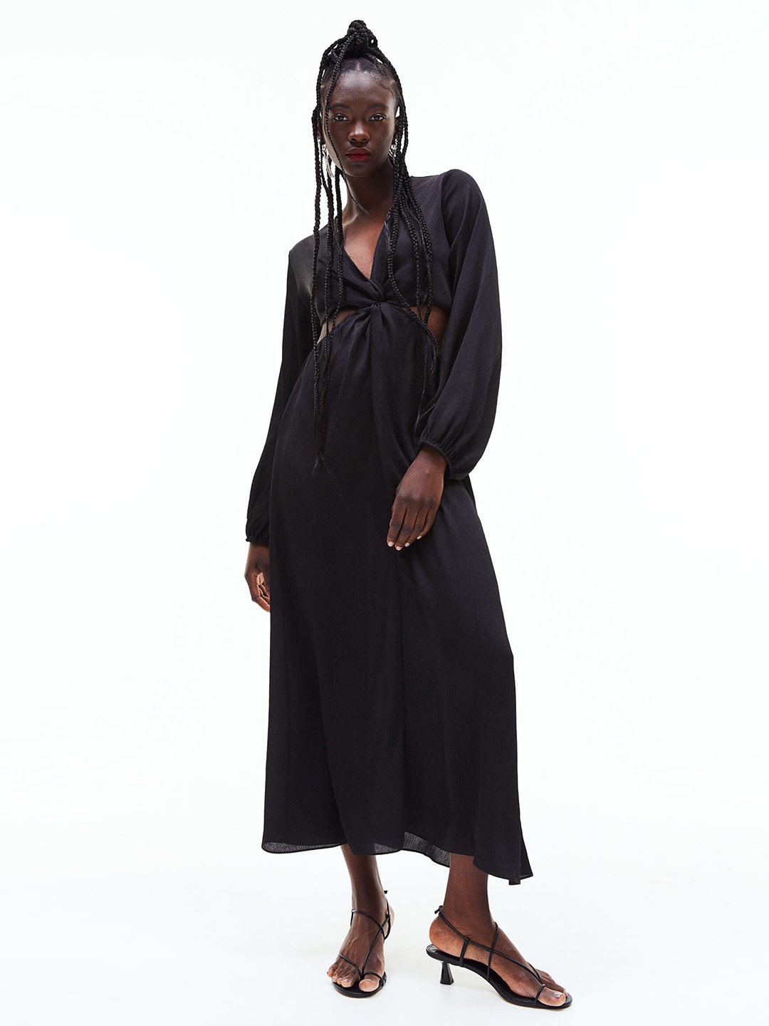 

H&M Women Black Balloon-Sleeved Cut-Out Crepe Dress