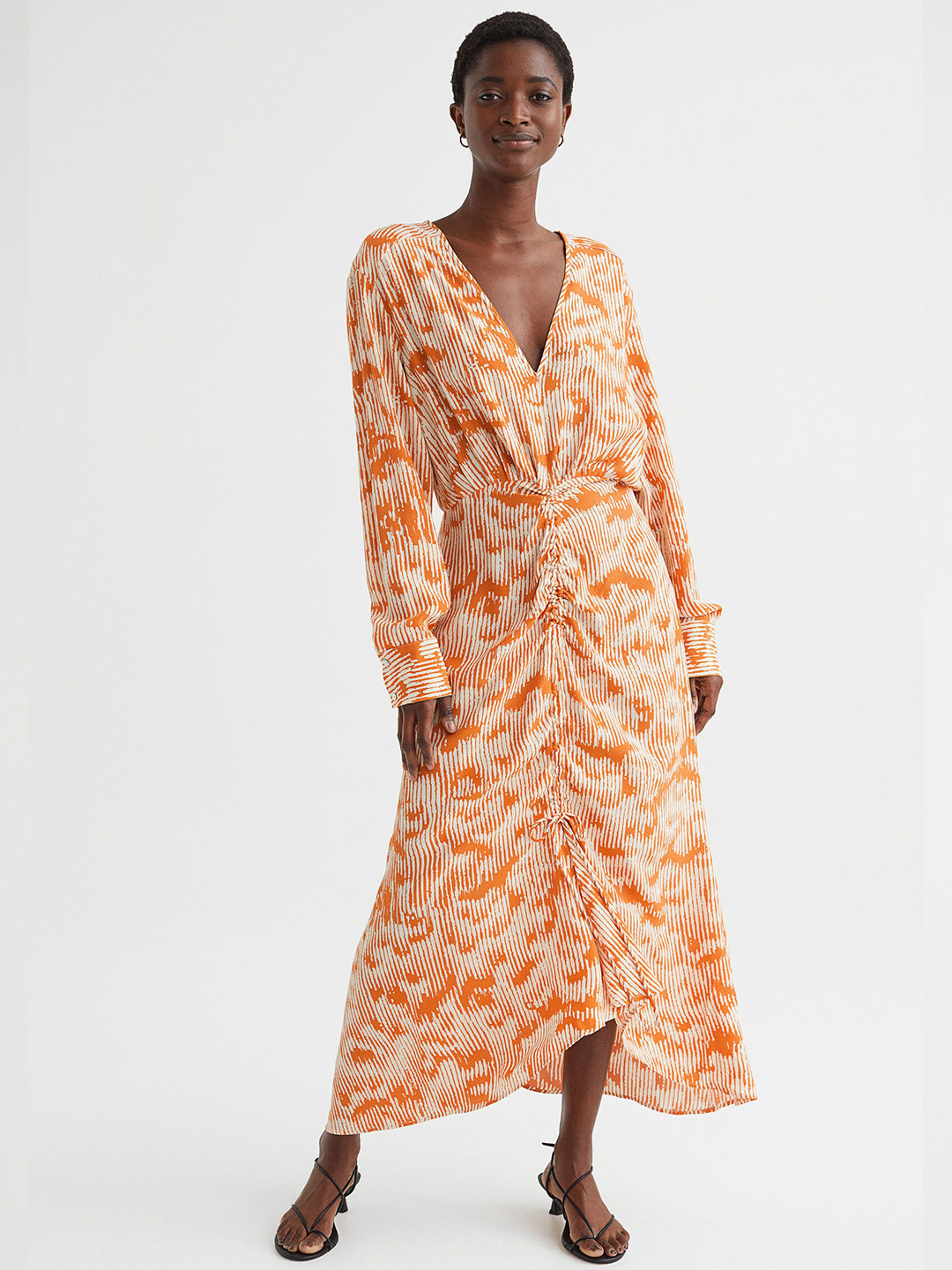 

H&M Women Orange Printed Drawstring-Detail Dress
