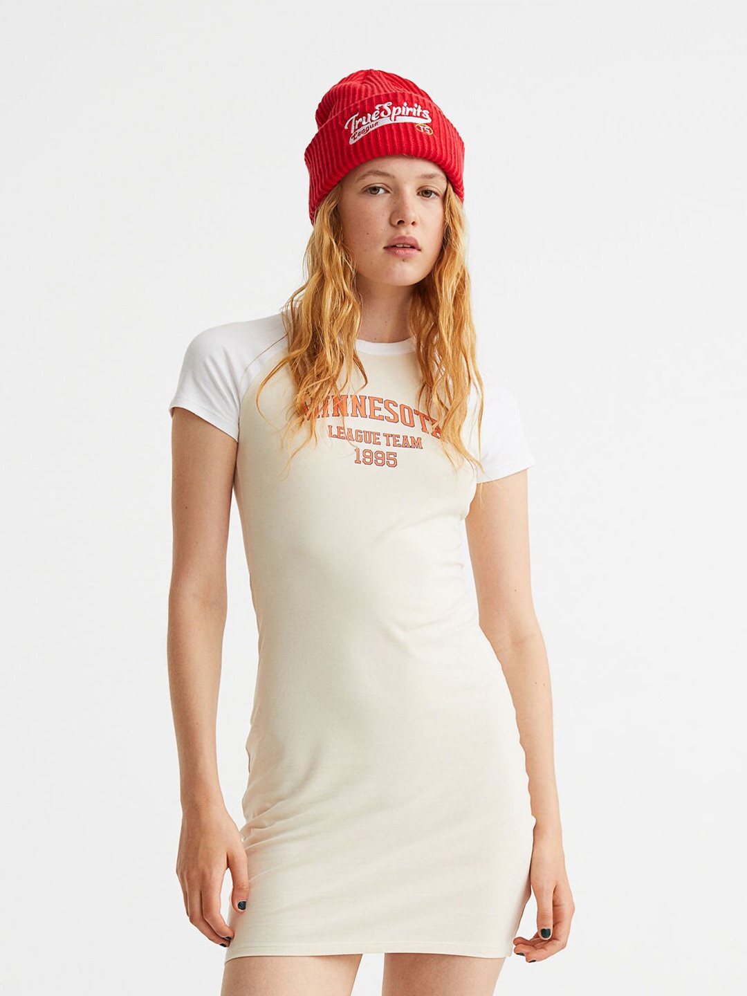 

H&M Woman Beige Fitted T-shirt dress