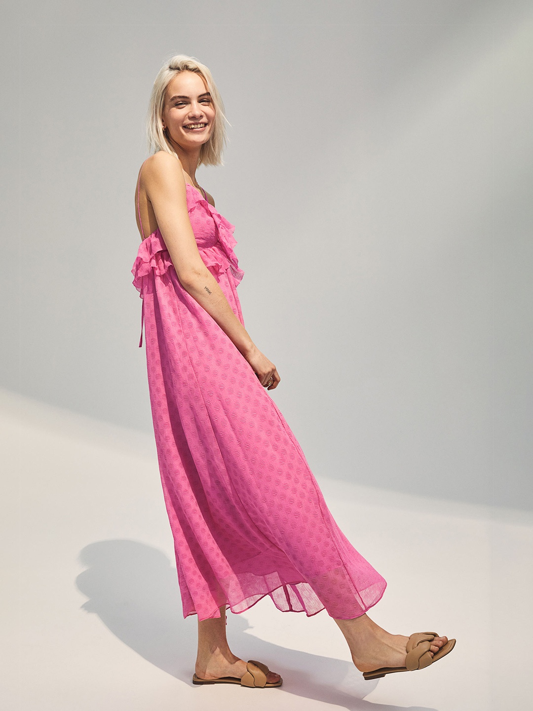 

H&M Pink Flounce-Trimmed Crpe Dress