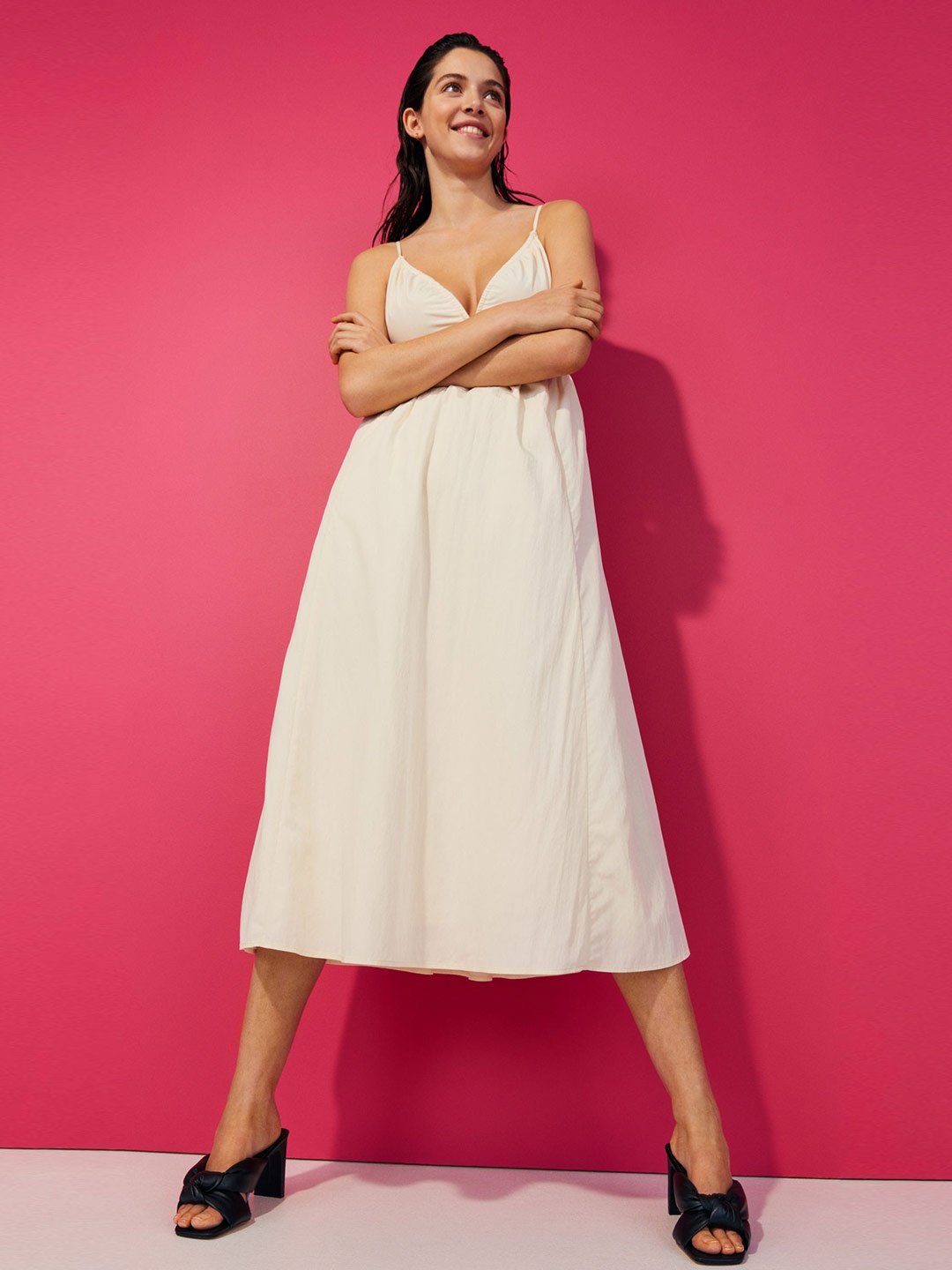 

H&M Women Off White V-Neck Drawstring-Detail Dress