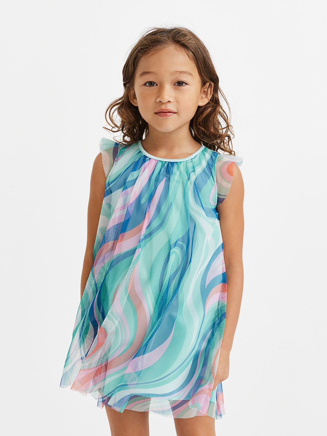 

H&M Girls Turquoise Blue Flutter-Sleeved Tulle Dress