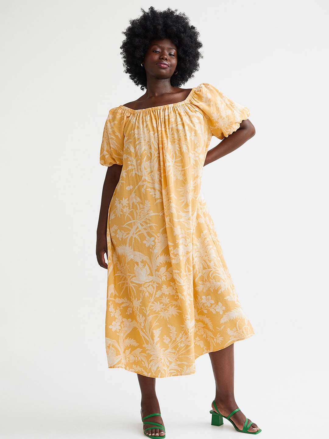 

H&M Orange Printed Off-The-Shoulder Puff-Sleeved Dress