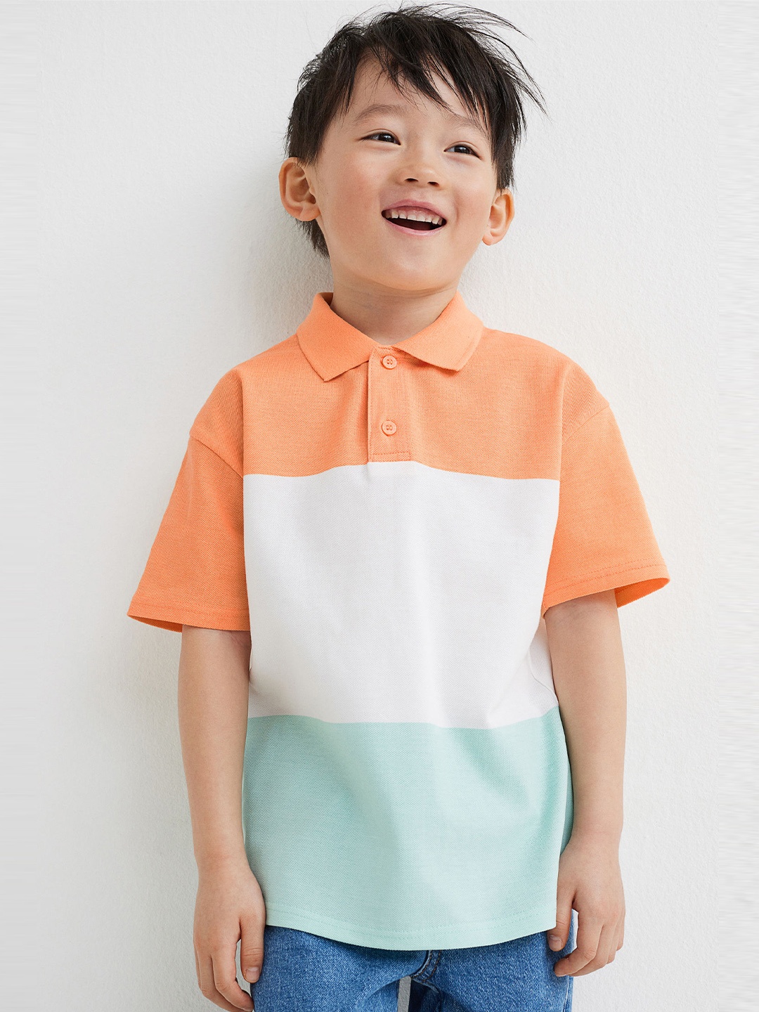 

H&M Boys Orange & White Colourblocked Polo Collar Cotton T-shirt