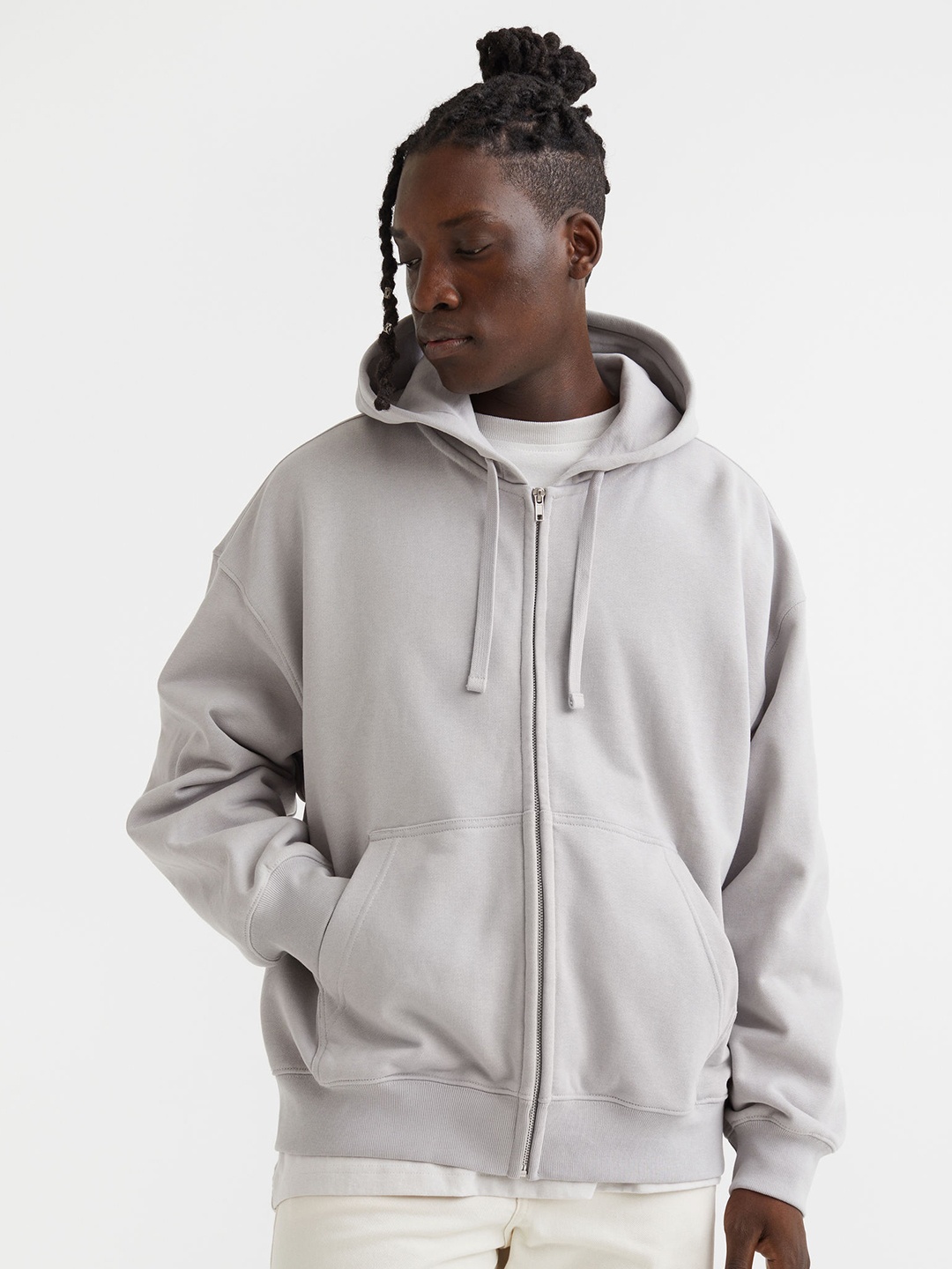 

H&M Men Grey Oversized Fit Cotton Zip-Through Hoodie