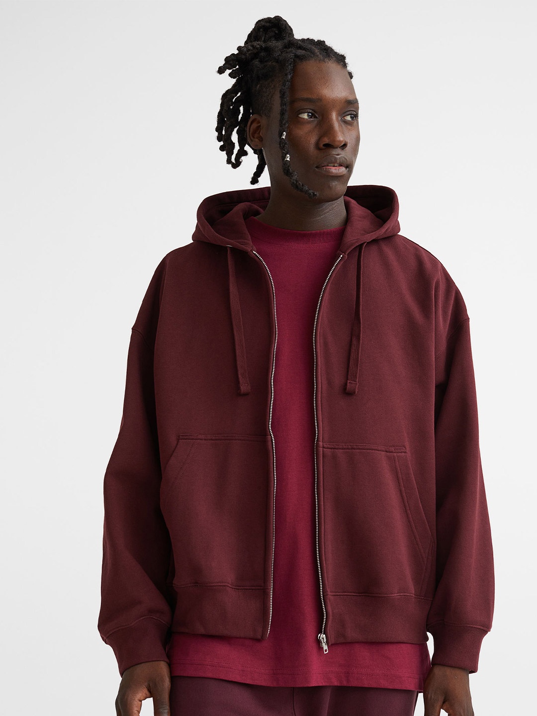 

H&M Men Red Oversized Fit Cotton Zip-Through Hoodie