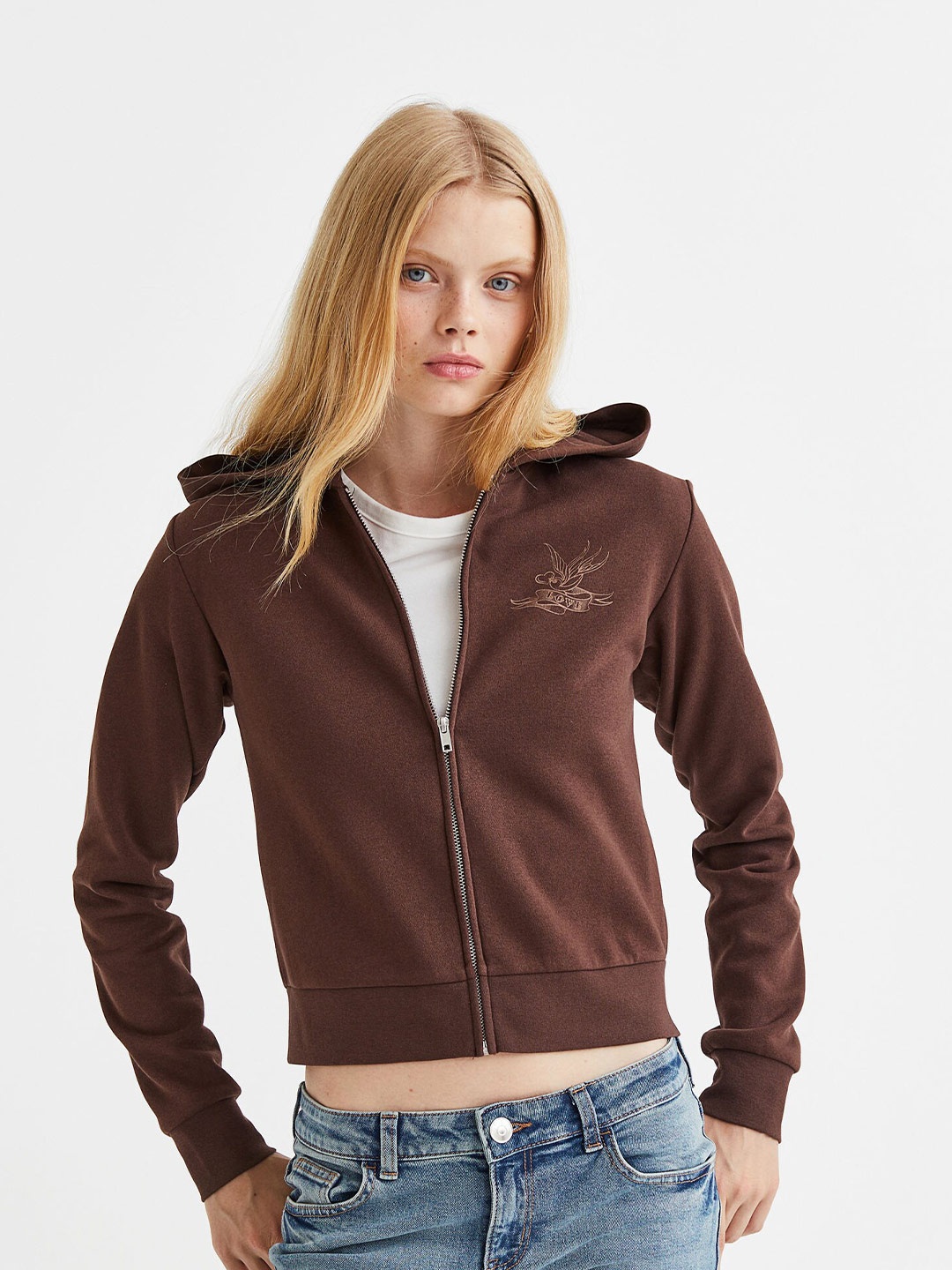 

H&M Women Brown Solid Cropped Zip-Through Hoodie