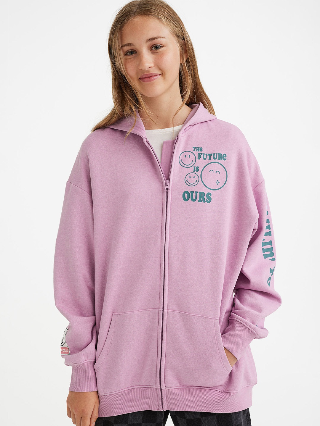 

H&M Girls Purple Oversized printed zip-through hoodie
