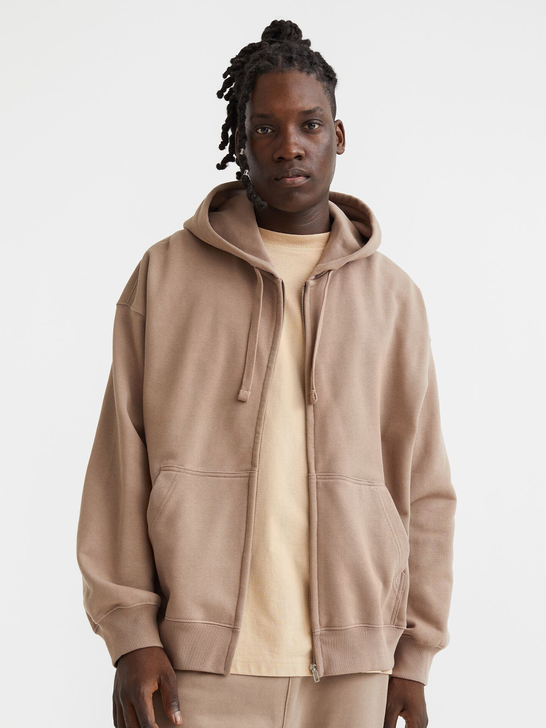

H&M Men Beige Solid Oversized Fit Pure Cotton Zip-Through Hoodie
