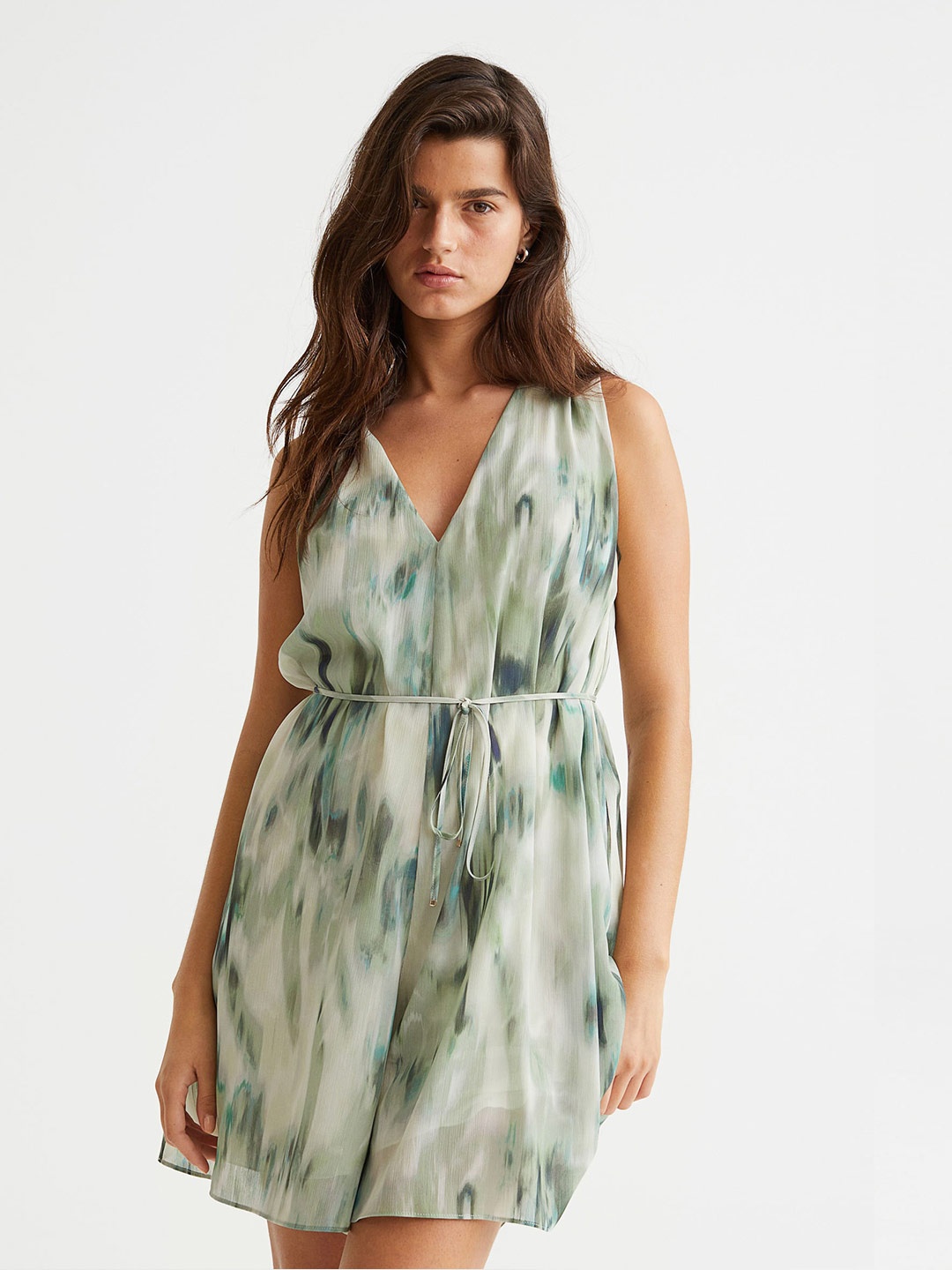 

H&M Women Green & White Patterned Playsuit