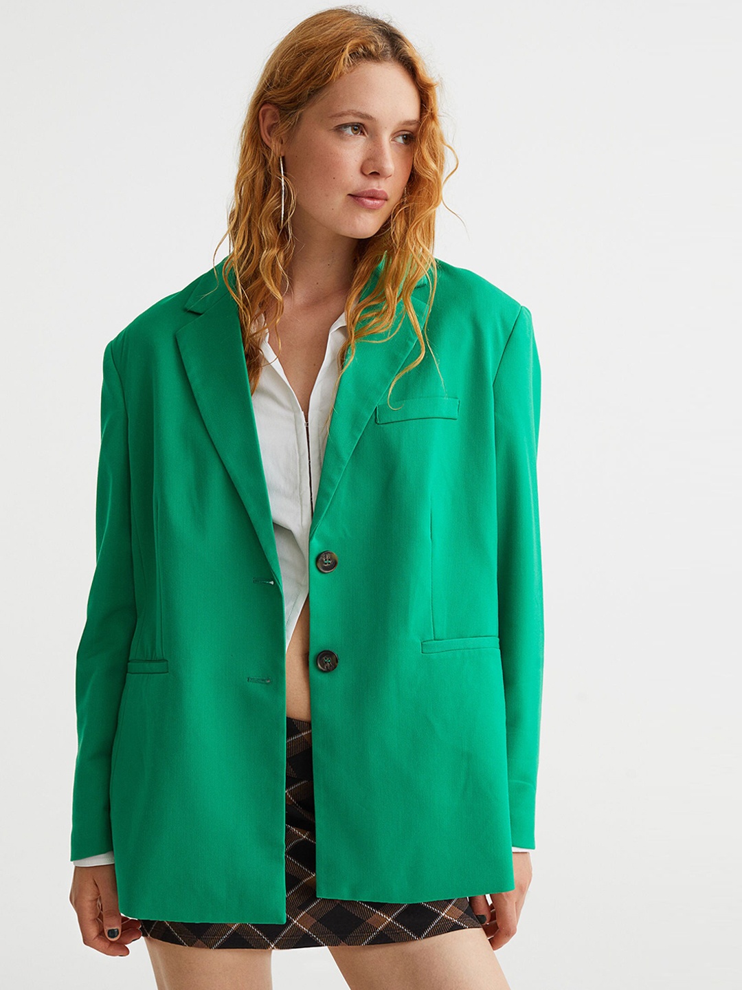 

H&M Women Green Solid Single-Breasted Blazer
