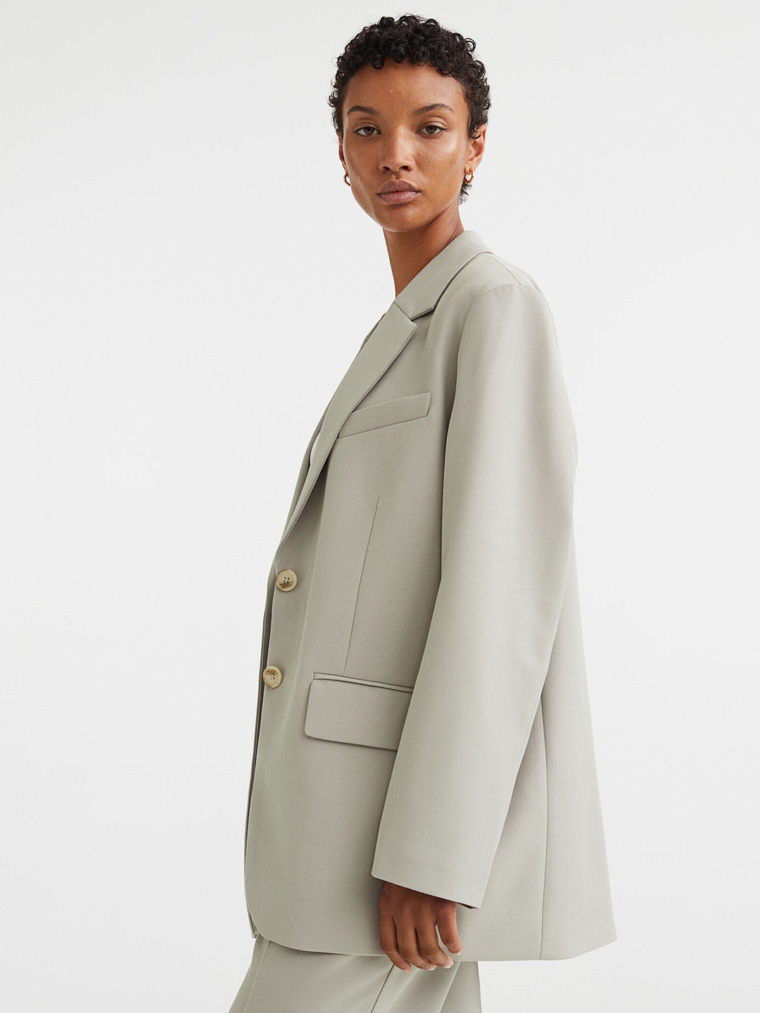 

H&M Women Beige Solid Oversized Single-Breasted Blazer