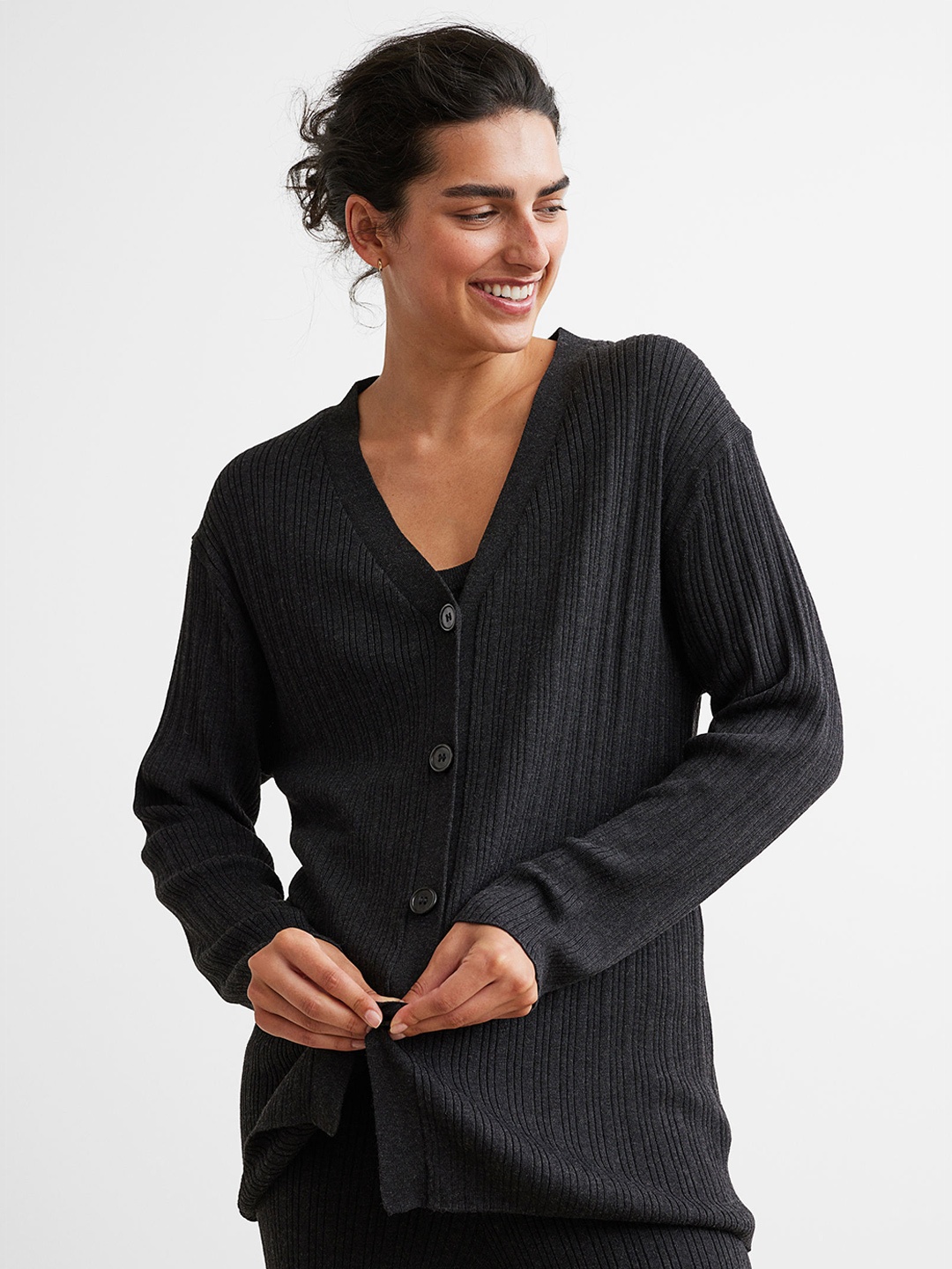 

H&M Women Grey Rib-Knit Cardigan