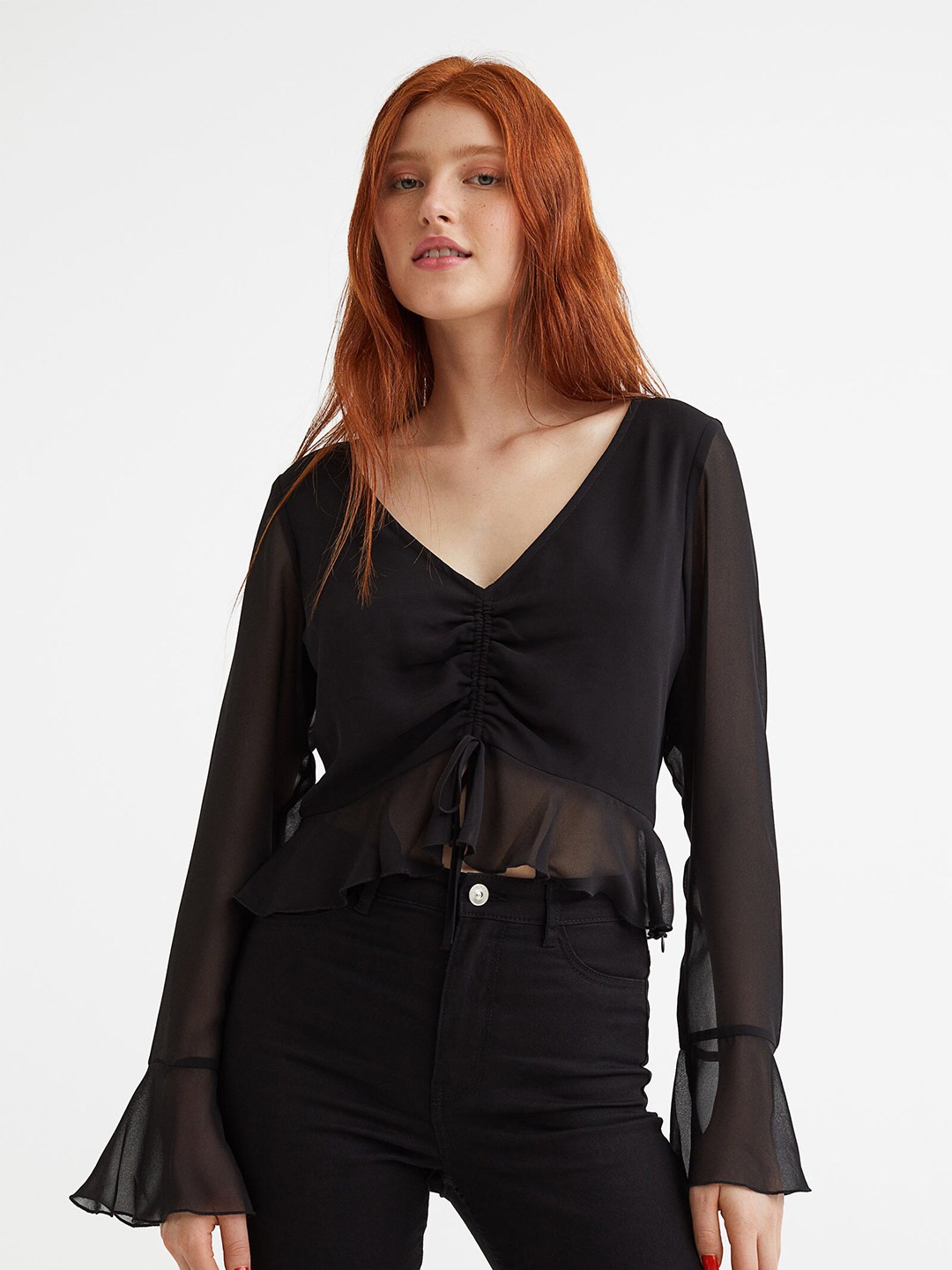 

H&M Woman Black Drawstring-detail chiffon blouse