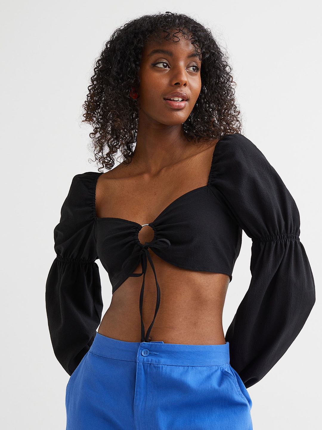 

H&M Woman Balloon-sleeved cropped blouse, Black