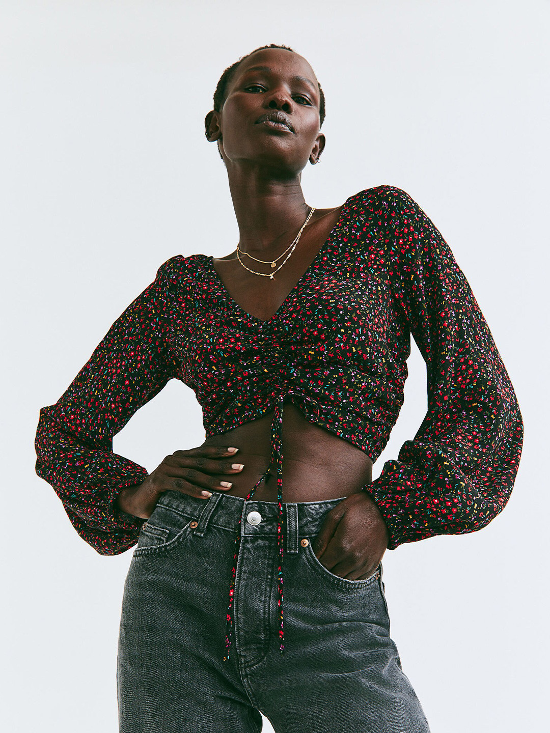 

H&M Black & Red Printed Drawstring-Front Crepe Blouse