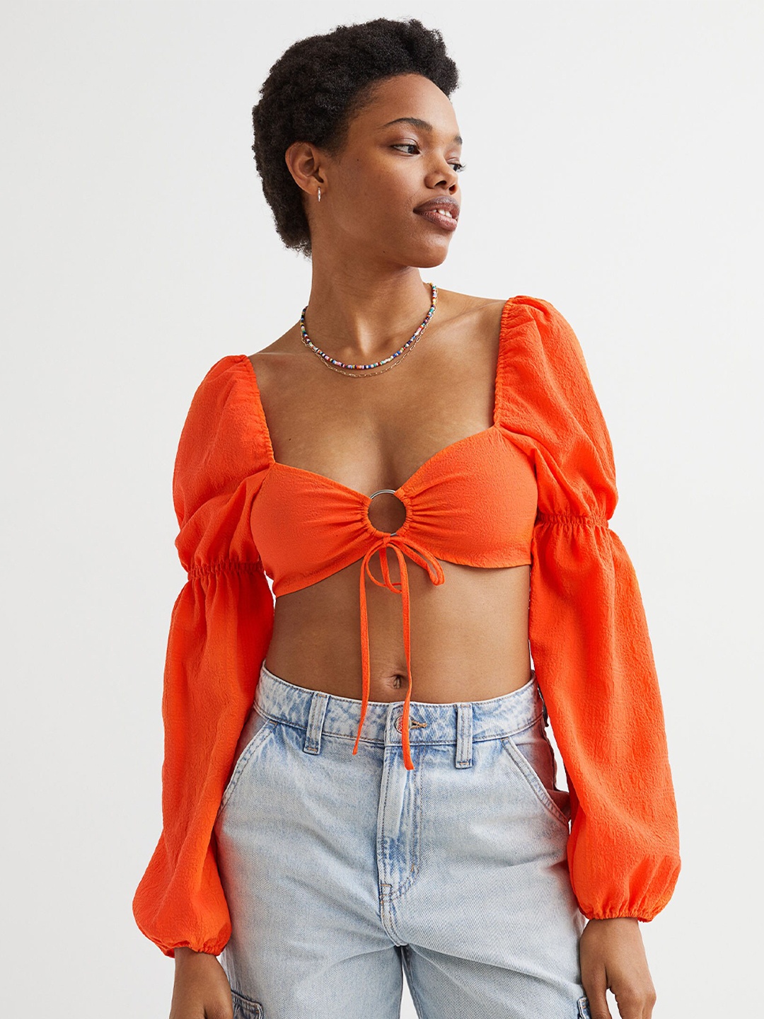 

H&M Woman Orange Balloon-Sleeved Cropped Blouse