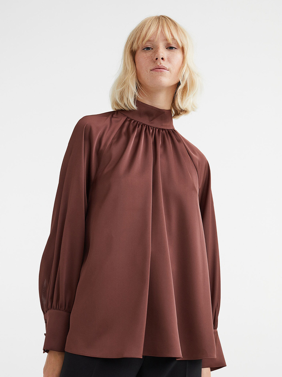 

H&M Brown Balloon-Sleeved Satin Blouse