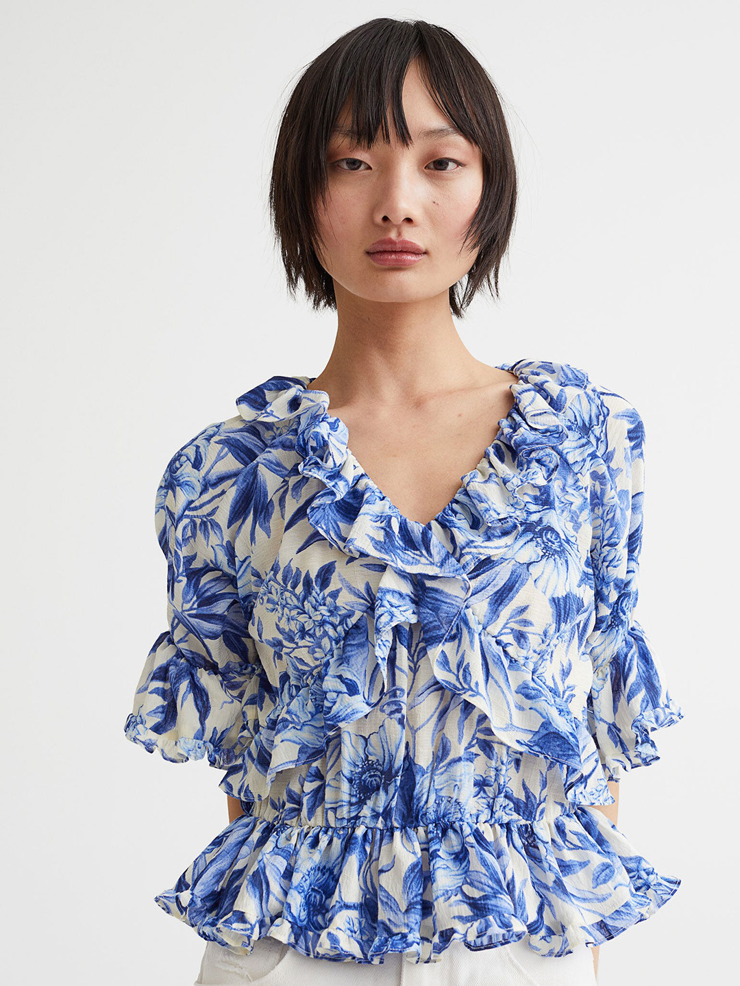 

H&M Woman Blue Flounced Crpe Blouse
