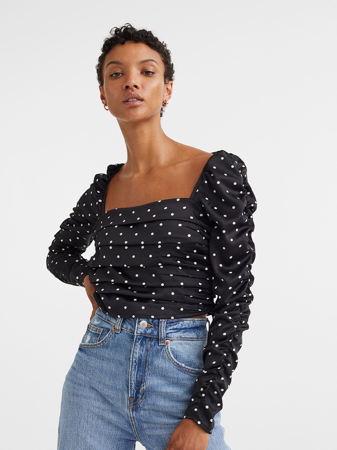 

H&M Women Black & White Gathered Crepe Top