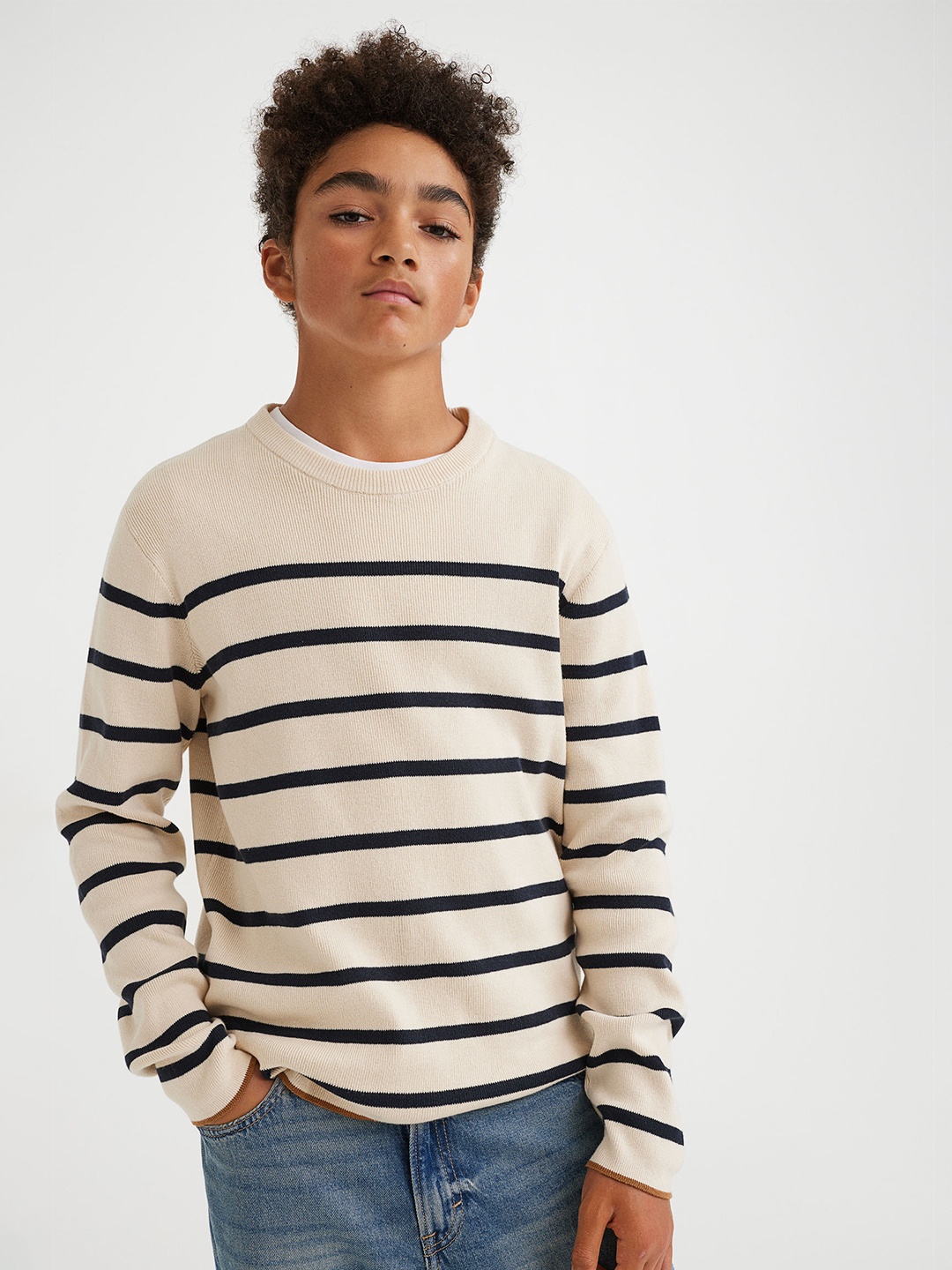 

H&M Boys Black & Cream Striped Fine-Knit Pure Cotton Jumper