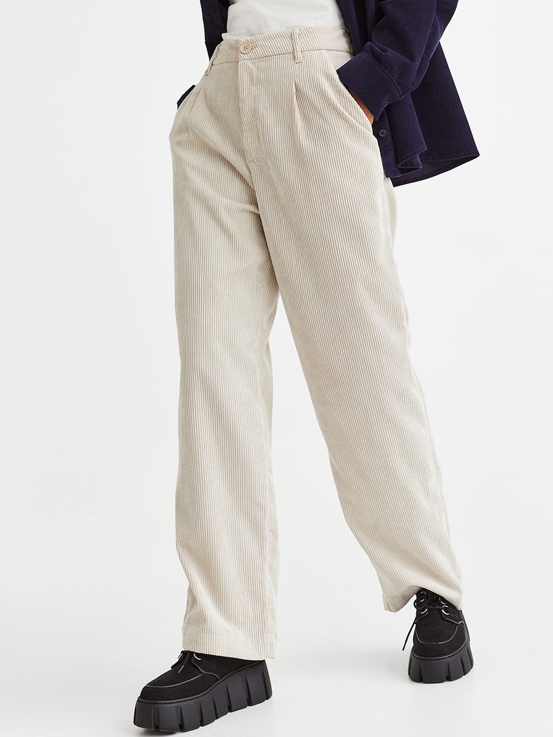 

H&M Women Beige Wide Corduroy Trousers