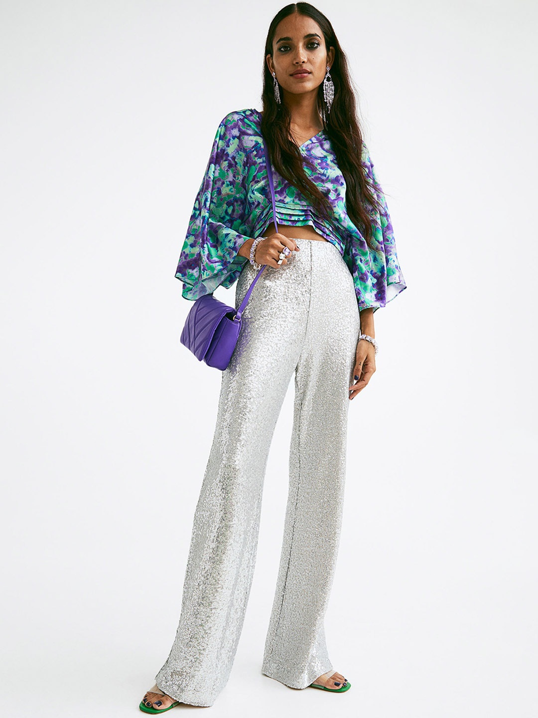 

H&M Women Silver-Coloured Flared Sequined Trousers