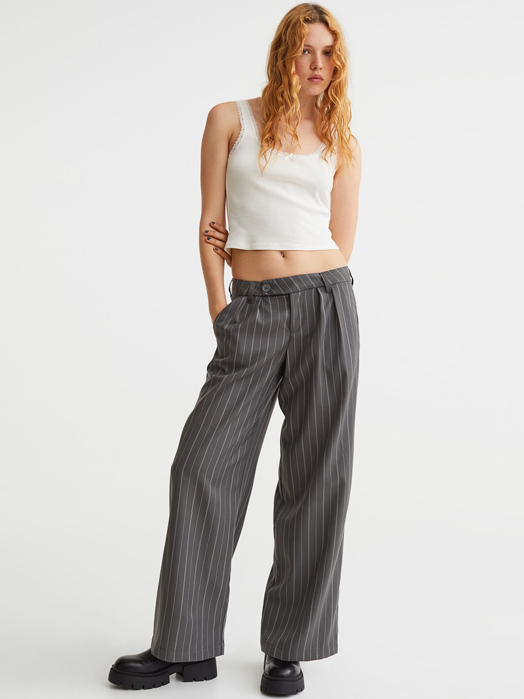 

H&M Women Grey Striped Tailored Trousers
