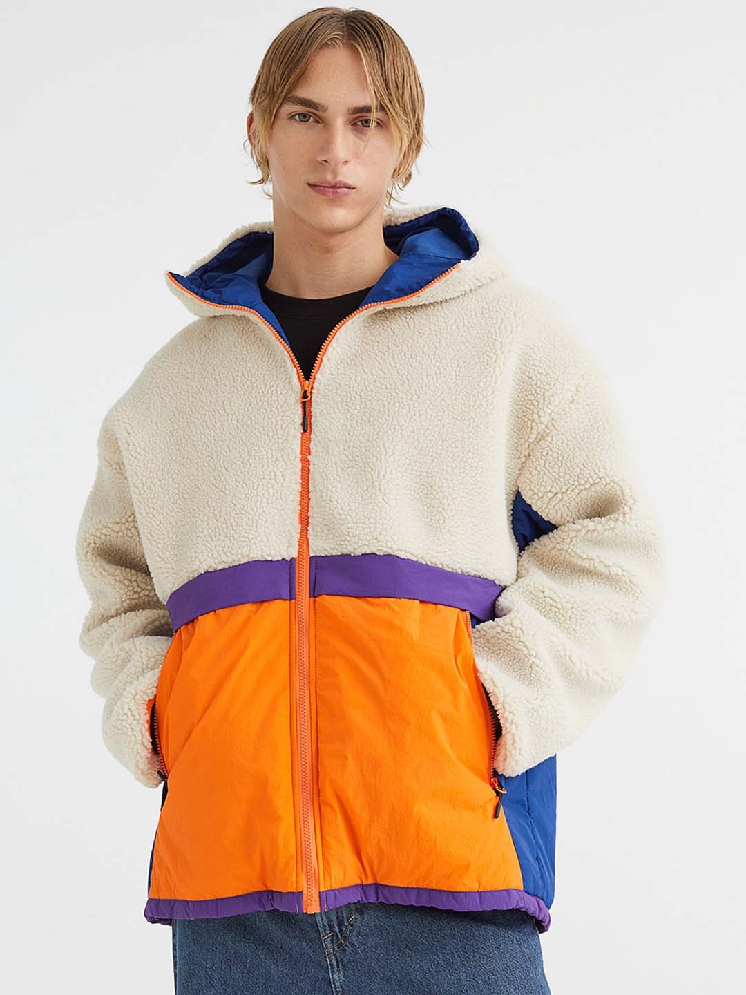 

H&M Men Beige Hooded Teddy Jacket