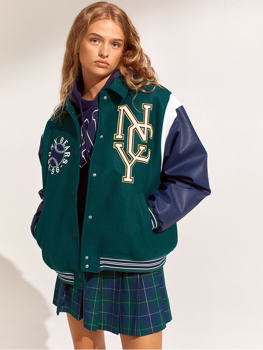 

H&M Women Green Baseball Jacket
