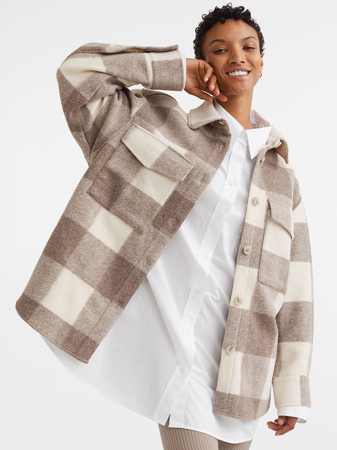 

H&M Woman Beige Checked Oversized shacket