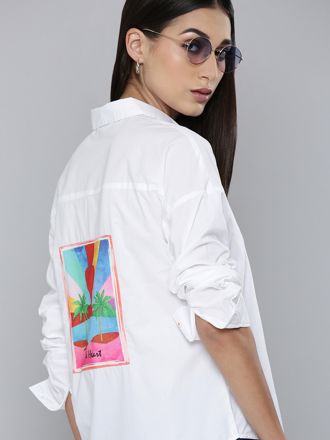 

Flying Machine Women White Graphic Opaque Back Print Pure Cotton Casual Shirt
