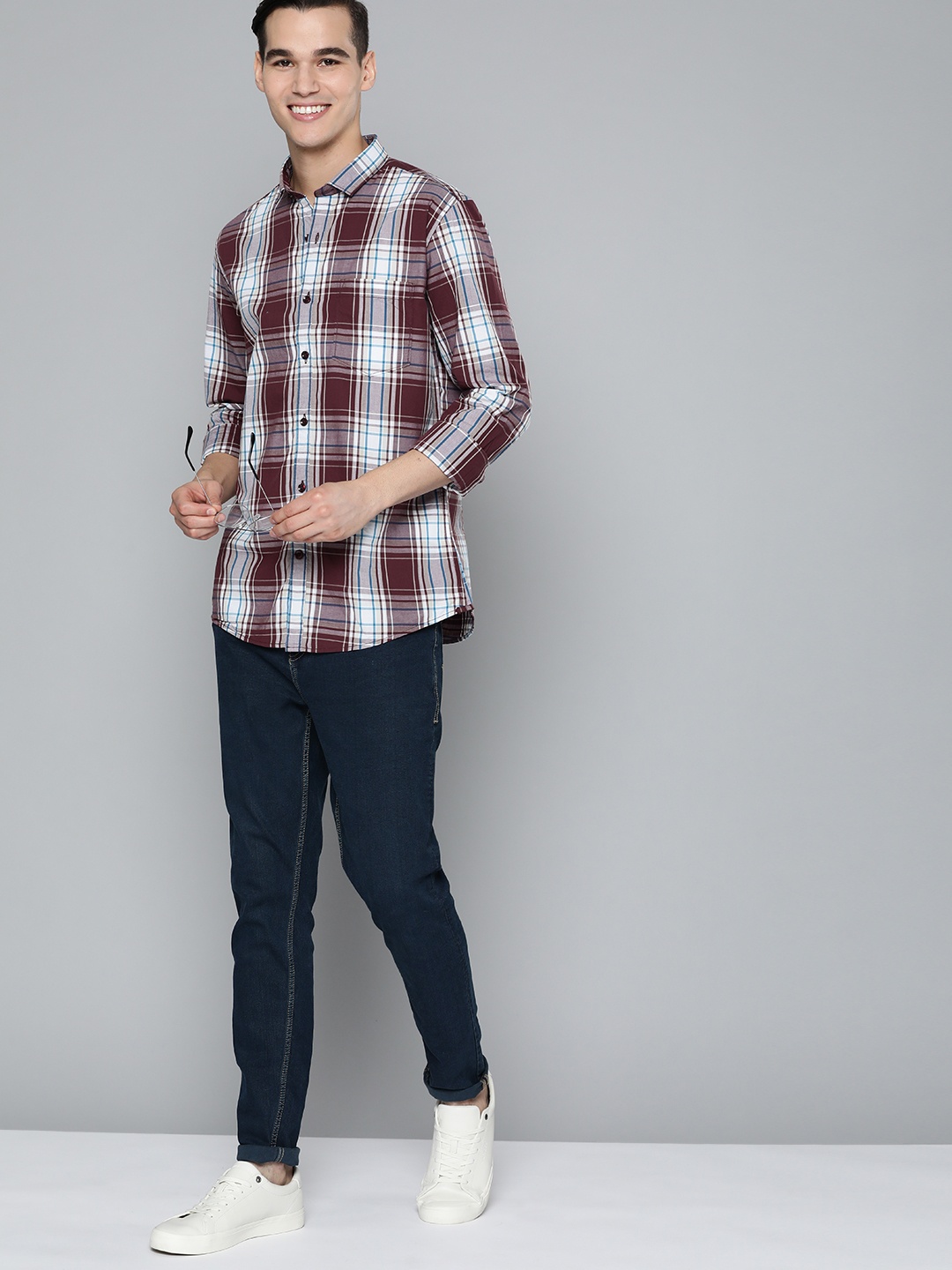 

Mast & Harbour Men Maroon & Grey Cotton Slim Fit Tartan Checked Casual Shirt