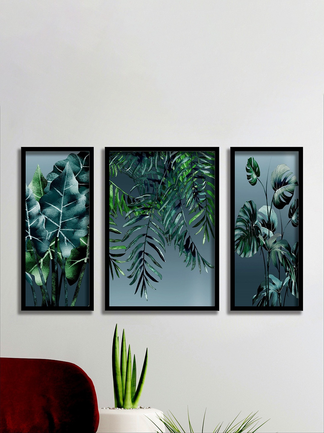 

SAF Set Of 3 Black & Green UV Textured Painting Wall Art
